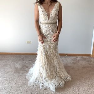 Jazs Floral Embroidered Deep V-Neck Feathered Dress